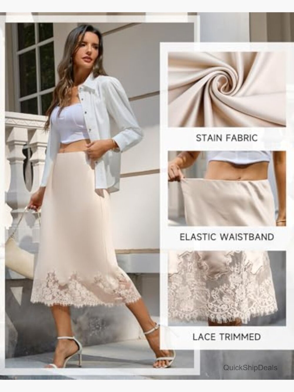 Satin Midi Skirt with Lace Trim, A-Line Elastic Waist for Work or Party - Picture 5 of 7
